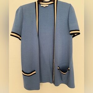 ST. JOHN Santana Knit Open Jacket Knit Cardigan Blue W/Embellished Trim SZ M